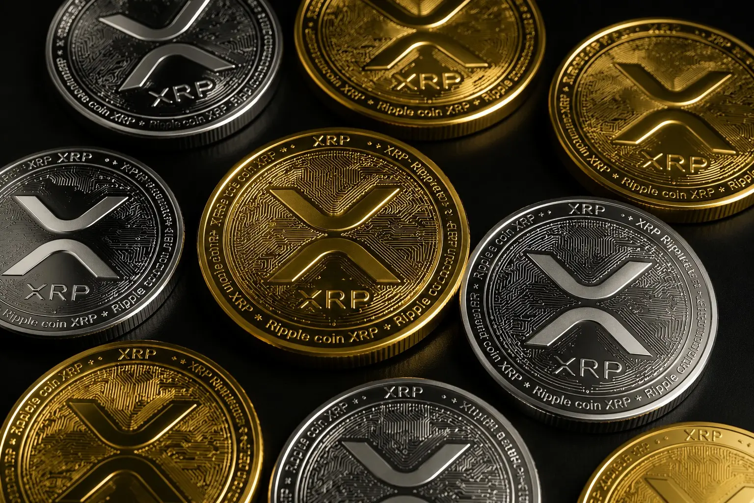 A collection of cryptocurrency coins on a dark background